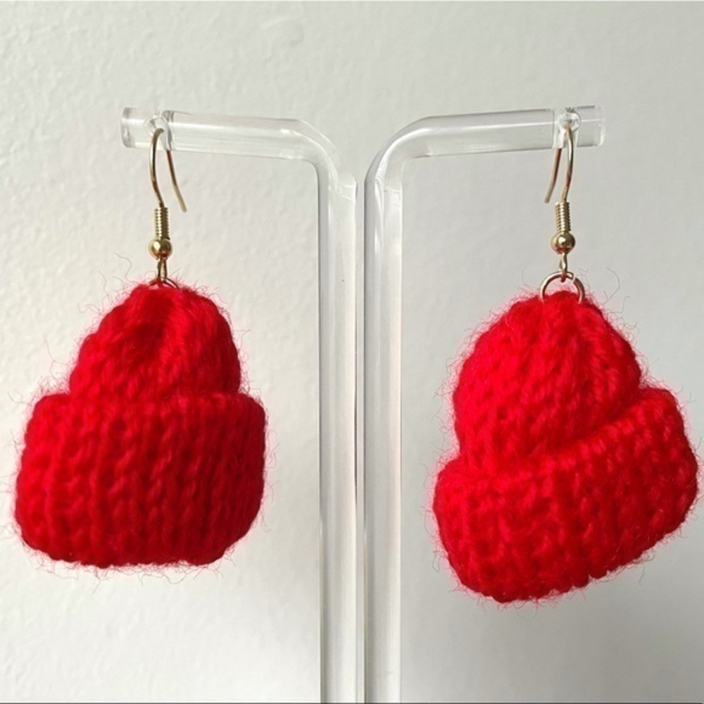 Knitted Red Beanie Earrings | New | Accessories